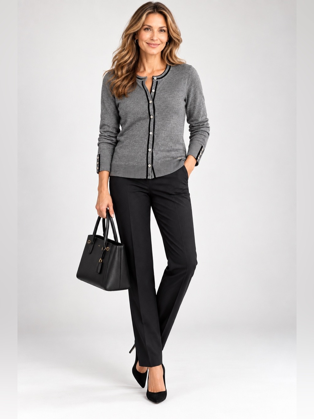 Calvin Klein Gray Black Trim Button Front Cardigan Sweater L NEW